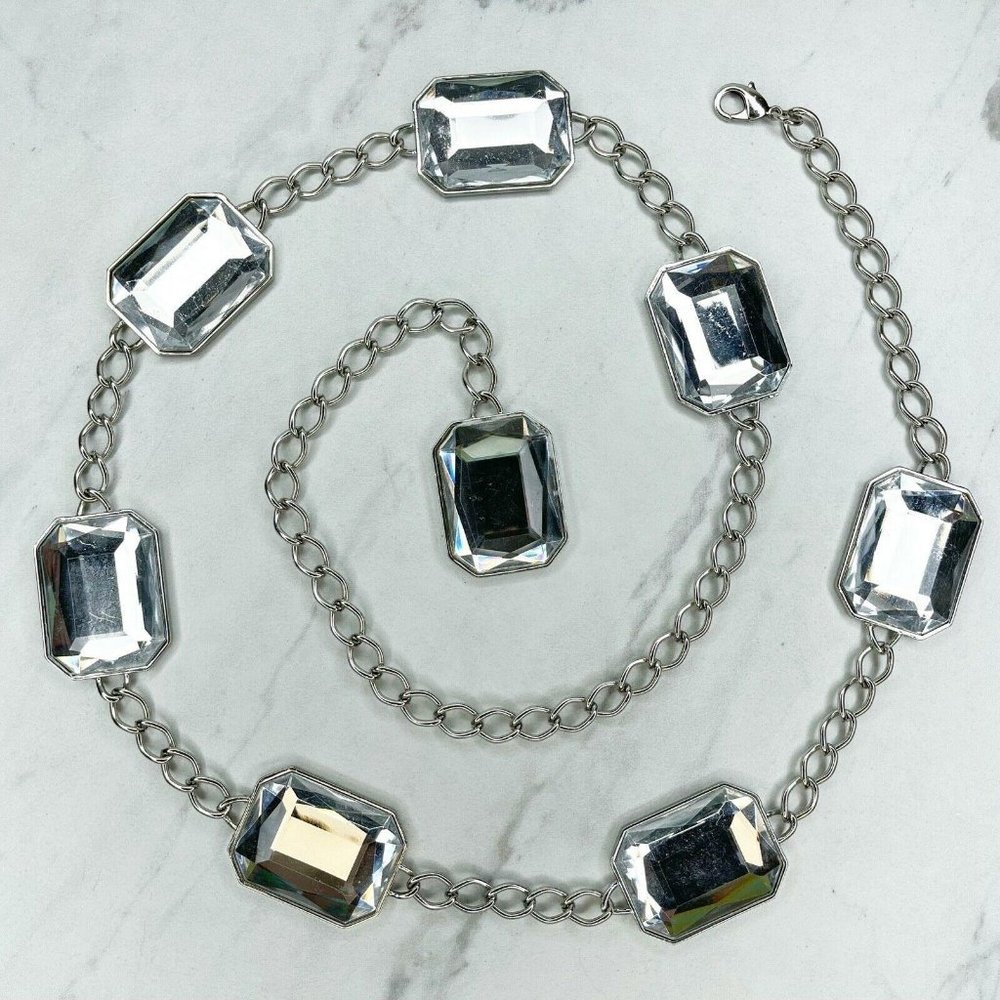 Silver Tone Clear Rhinestone Gemstone Chain Belt